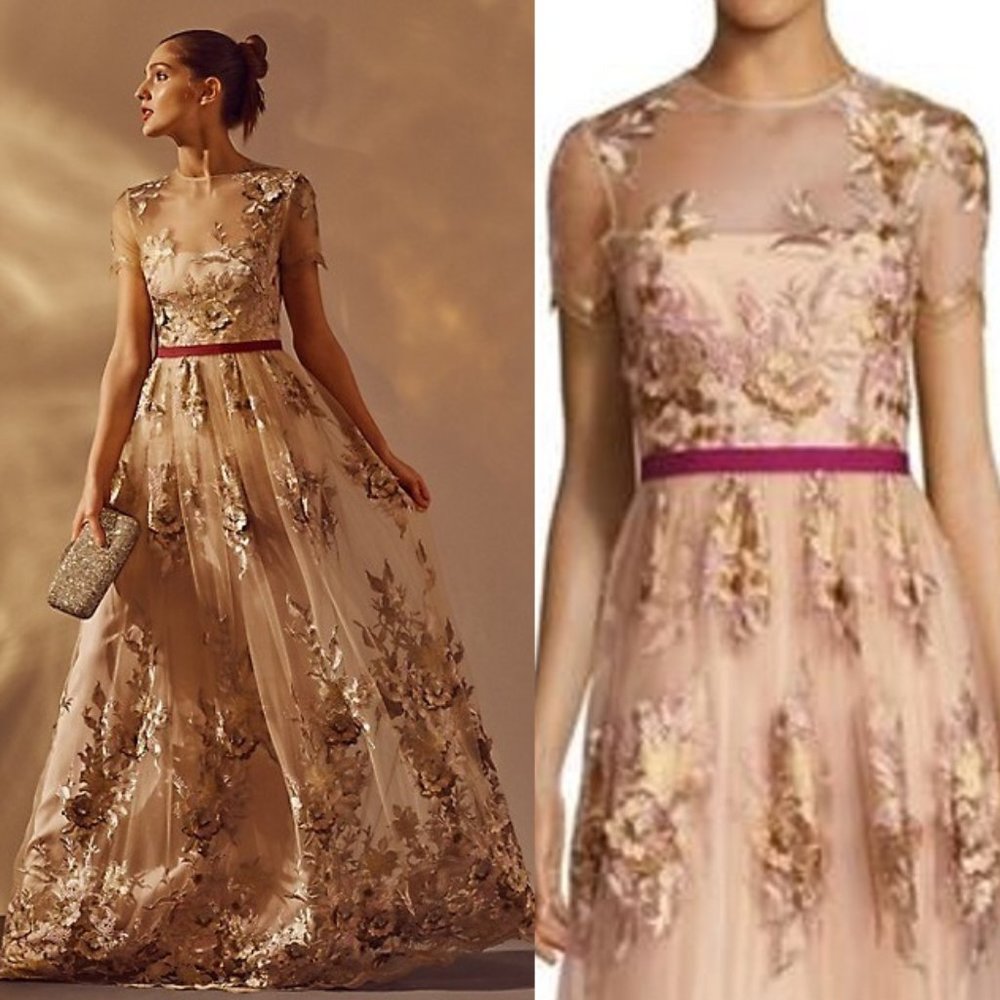 NWT Monique Lhuillier Illusion Floral Gown Dress 2